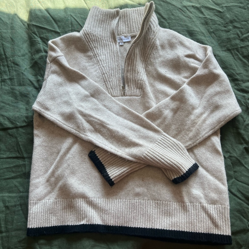 White & Warren cream wool & cashmere half zip up